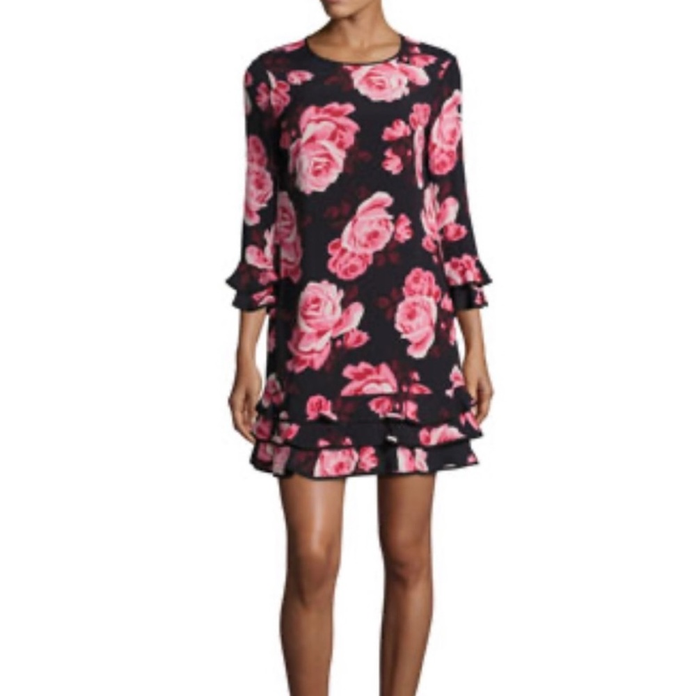 Kate Spade, Floral Ruffle Tiered Black & Pink Rose Print Rosa Shift Dress, Small - Picture 1 of 7
